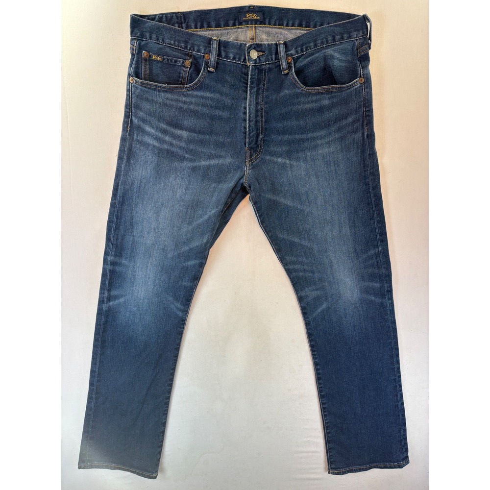 Polo Ralph Lauren Mens Jeans 34x30 Blue Denim Straight Leg Whiskered medium Wash